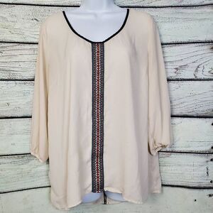 Maurices Women’s Boho Embroidered Peasant Blouse Size L Beige Long Sleeve Lightw